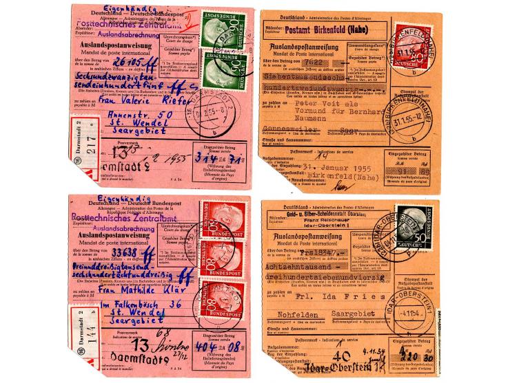 1954, 11 Auslandspost-Anweisungen in das Saarland mit rückseitigen saarl. Frankaturen für die Auszahlung, dabei 4x per Einsch