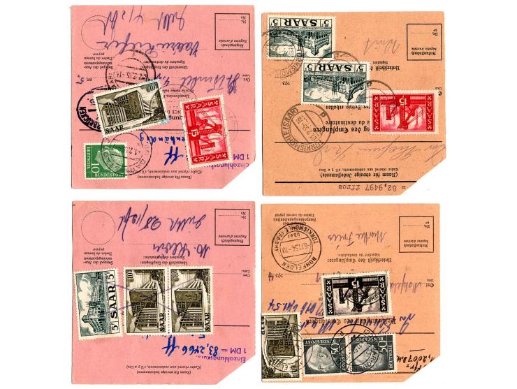 1954, 11 Auslandspost-Anweisungen in das Saarland mit rückseitigen saarl. Frankaturen für die Auszahlung, dabei 4x per Einsch