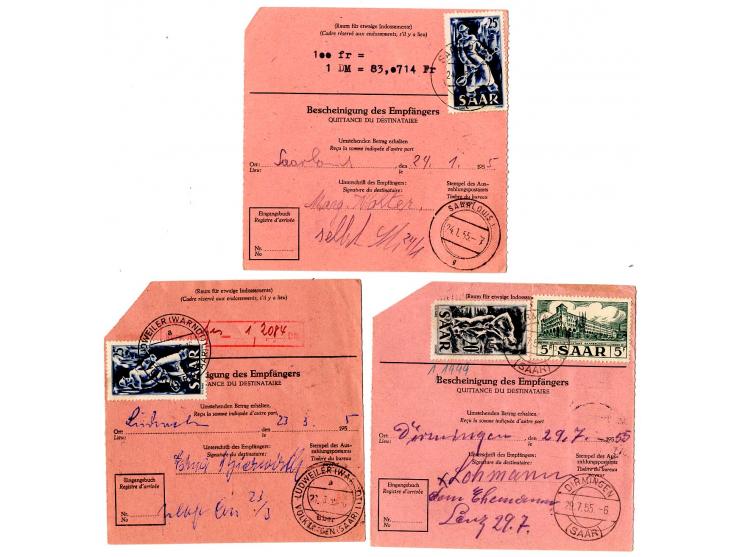 1954, 11 Auslandspost-Anweisungen in das Saarland mit rückseitigen saarl. Frankaturen für die Auszahlung, dabei 4x per Einsch