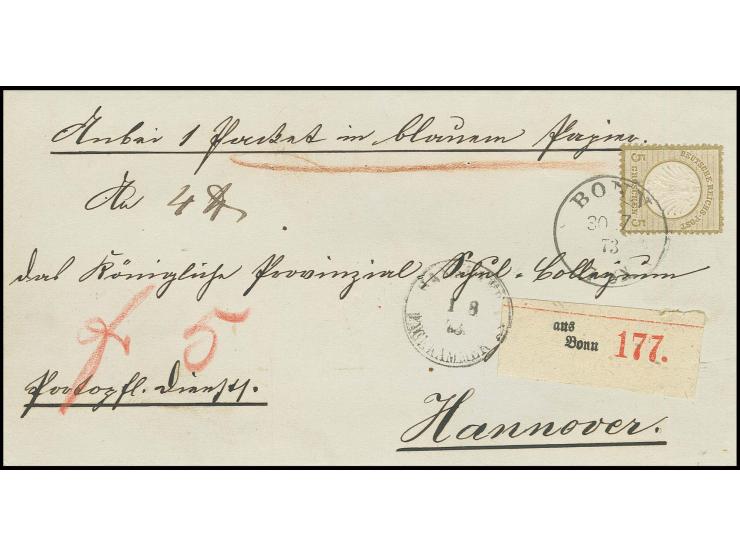 5 Gr. graubraun, farbfrisch, sehr gut geprägt, zentriert und gezähnt als Einzelfrankatur mit EKr. "BONN 30 7 73" auf Paketbeg