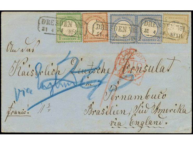 1/3 Gr. grün, 2 Gr. blau im waagerechten Paar, 2 1/2 Gr. rotbraun und 5 Gr. ockerbraun, alle farbfrisch und gut gezähnt, mit 
