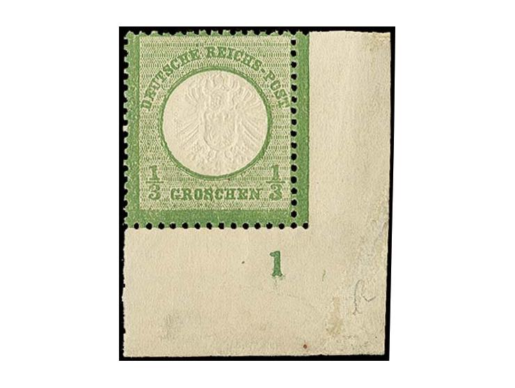 1/3 Gr. dunkelolivgrün, postfrische rechte untere Bogenecke mit Plattenkennzeichen "1" mit kleinem auf diesem Feld mehrfach r