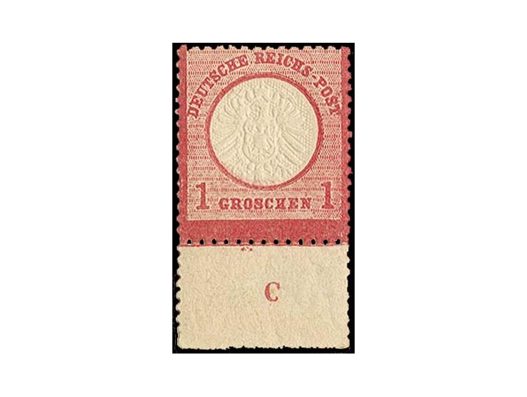 1 Gr. rotkarmin, postfrische Unterrandmarke mit Plattenkennzeichen "C", sehr gut geprägt und gezähnt, Marken mit vollständige