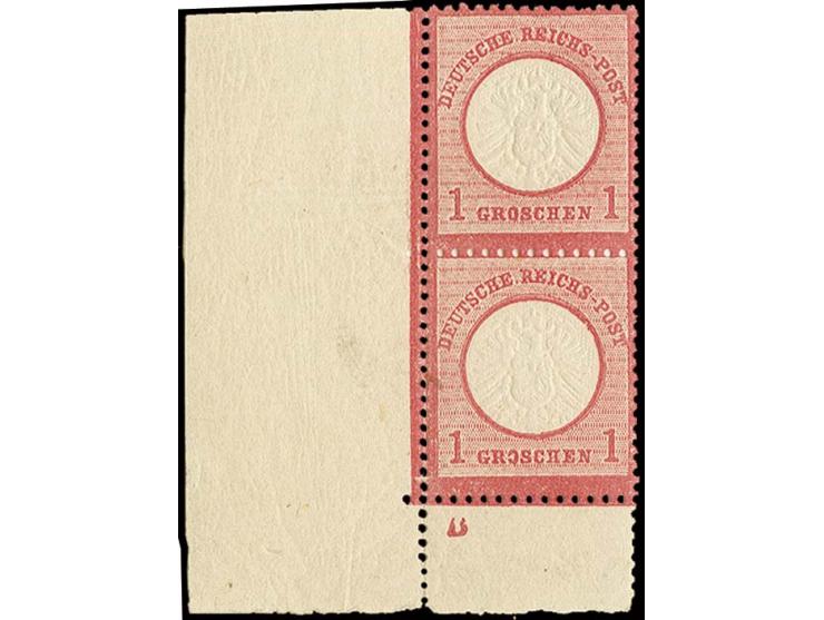 1 Gr. karmin, senkrechtes Paar aus der linken unteren Bogenecke mit Plattenkennzeichen "B", dabei die Marke auf Feld 141 mit 