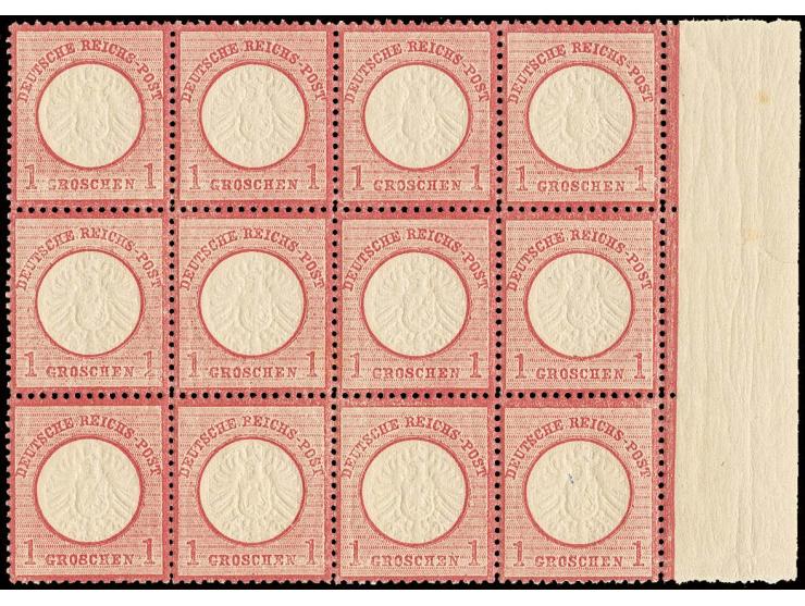 1 Gr. rötlichkarmin im postfrischen 12er-Block mit rechtem Bogenrand, gut geprägt und gezähnt, Pracht (Mi. ca. 4.000,-)