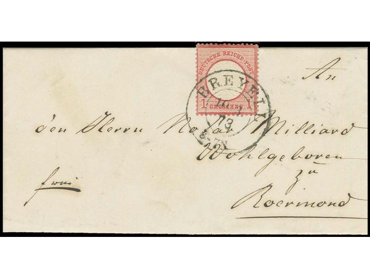 1 Gr. karmin mit Preußen-DKr. "BREYELL 10 3 73" auf Grenzrayon-Faltbrief nach Roermond (Niederlande), Pracht, Befund Brugger 
