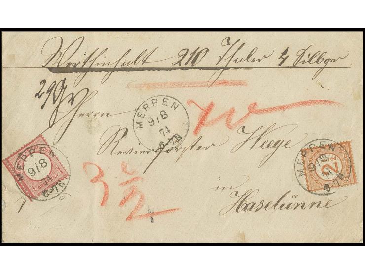 1 Gr. karmin mit großem Teil des linken Bogenrandes und 2½ auf 2½ Gr. rotbraun mit EKr. "MEPPEN 9/8 74" auf Wertbriefumschlag