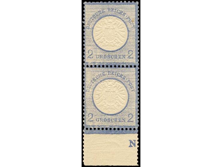 2 Gr. grauultramarin, senkrechtes Unterrandpaar mit Plattenkennzeichen "N" unter Feld 141, postfrisch, sehr gut geprägt, Prac