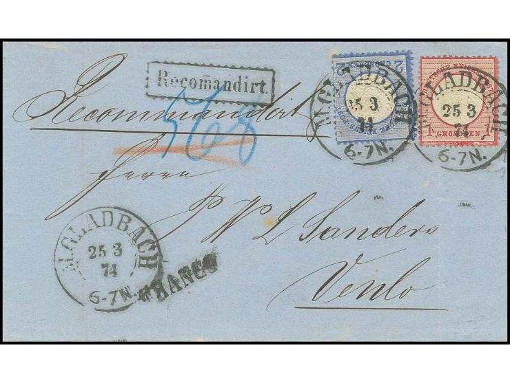 2 Gr. grauultramarin mit deutlicher Doppelprägung und 1 Gr. karmin mit Preußen-DKr. "M.GLADBACH 25 3 74" auf eingeschriebenem