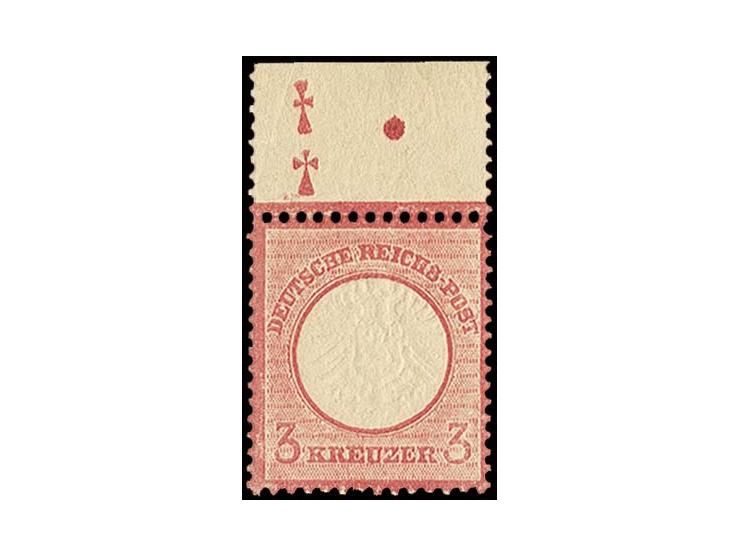 3 Kr. karmin, postfrische Oberrandmarke von Feld 6 mit Plattenkennzeichen "aufrecht stehende Kreuze" und Zähnungspunktur im B