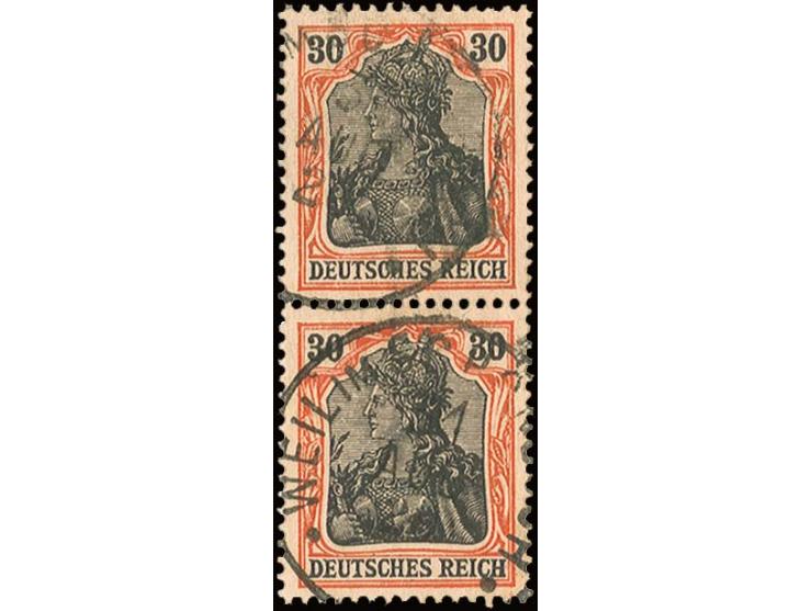 1915/19, Kriegsdrucke: 30 Pfg. mit Plattenfehler "unterer Fuß des ersten E in DEUTSCHES verbogen", im senkrechten Paar mit No
