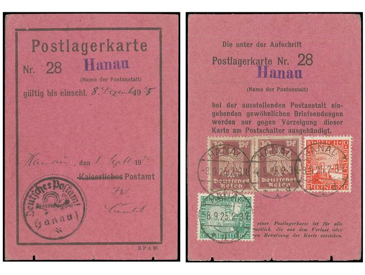 30 Pfg. (2) und Rheinland 10 Pfg. und 5 Pfg. als Gebühr für 3 Monate auf Postlagerkarte aus "HANAU 8.9.25", unten im Rand 3 k