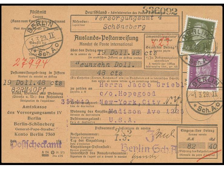 30 und 40 Pfg. auf kpl. Auslands-Postanweisung von "BERLIN Sch.A. 1.3.29" in die USA, Formular unten etwas angetrennt, sonst 