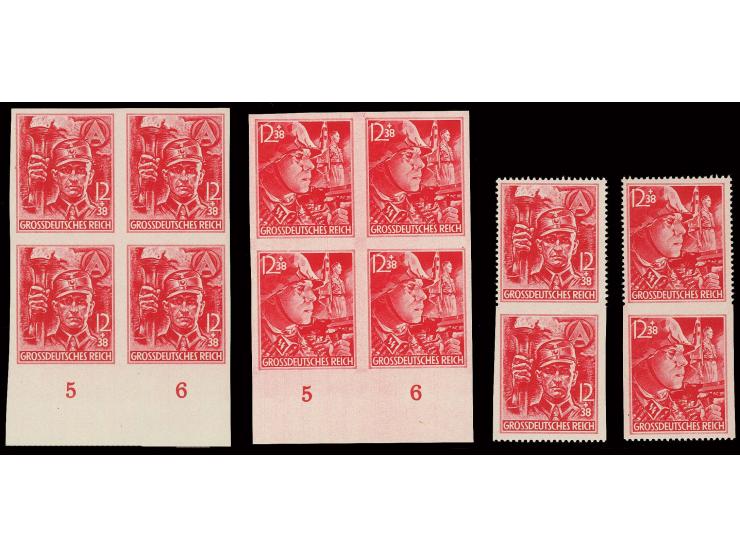 1945, SA/SS 12 Pfg. ungezähnt in postfrischen 4er-Blocks vom Unterrand, dazu senkrechte Paare, obere Marke unten ungezähnt, u