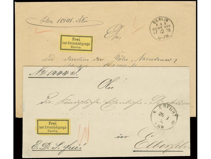 1874, Eisenbahn-Gebührenzettel auf 2 Briefen von "ERFURT 26.3.76" nach Elberfeld bzw. von "BERLIN 17.12.78" nach Köln