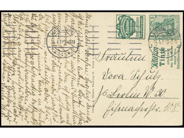 1911/12, "Bienen-Honig Gühler" + 5 Pfg. mit beigeklebtem Reklameanhänger "Pelikan-Tinte", sehr gut gezähnt mit Stempel "HAMBU