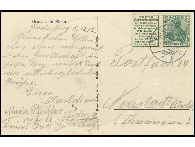 "Übersichtstabellen"+ 5 Pfg., gestempelt "GODESBERG 9.12.12" auf Ansichtskarte nach Neustadt/Orla, Pracht (Mi. 1.600,-)
