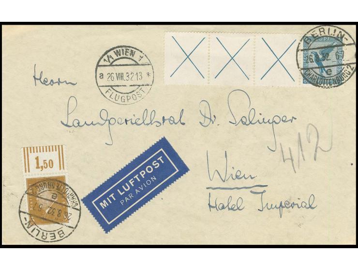 X+X+X+20 Pfg. mit Zusatz Ebert 3 Pfg. (Oberrand) auf Luftpostbrief von "BERLIN-CHARLOTTENBURG 26.8.32" nach Wien mit Ankunfts
