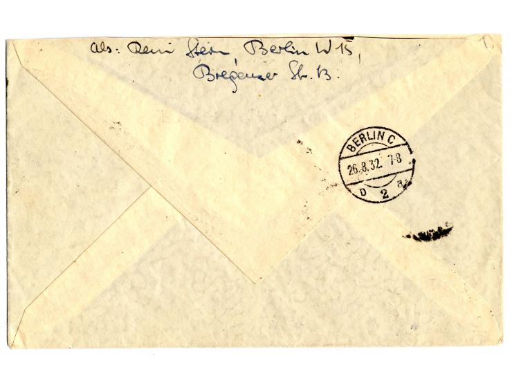 X+X+X+20 Pfg. mit Zusatz Ebert 3 Pfg. (Oberrand) auf Luftpostbrief von "BERLIN-CHARLOTTENBURG 26.8.32" nach Wien mit Ankunfts