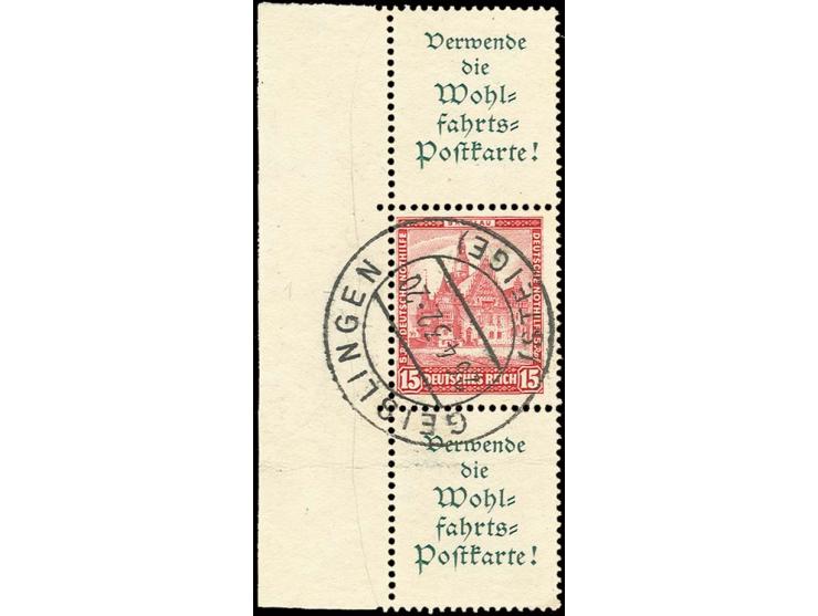 A1.2+15+A1.2, linkes Randstück mit sauberem Stempel "GEISLINGEN 26.4.32", schwache Bugspur im unteren Reklamefeld (Mi. 550,-)
