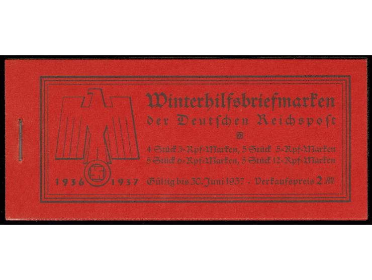 1936, Markenheftchen WHW, dabei H-Bl. 108 mit Passerkreuz oben, Klammer 15 mm, postfrisch, Deckel ungefaltet, Luxus (Mi. 200,