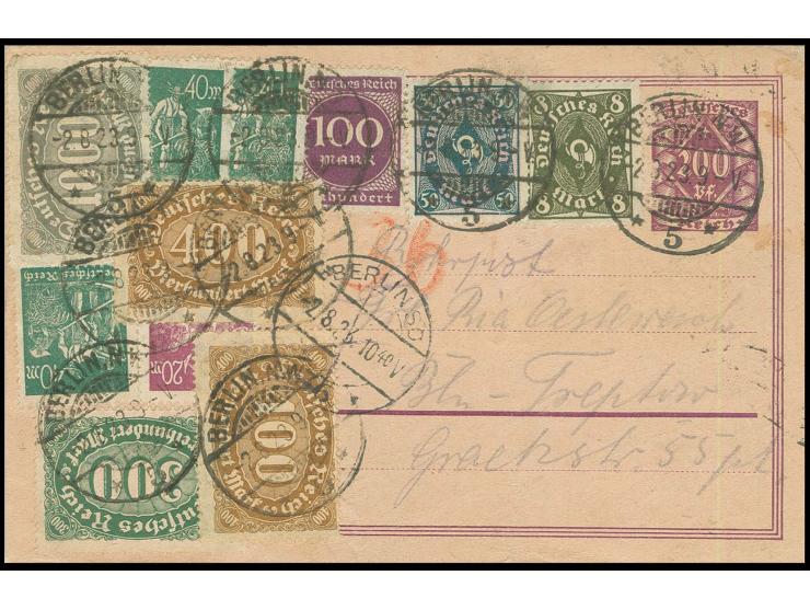 1921, Rohrpostkarte 200 Pfg. mit portogerechter Zufrankatur im 2400 M.-Tarif aus "BERLIN 2.8.23 10.40." nach Berlin-Treptow, 
