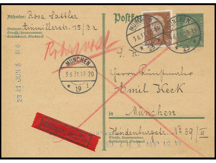 1931, Karte Reichspräsidenten 8 Pfg. mit Zufrankatur Reichspräsidenten 50 Pfg. als Eilboten-Rohrpostkarte aus "MÜNCHEN 23 3.6
