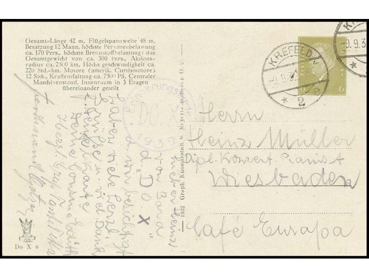 1932, Privatganzsachenkarte Ebert 6 Pfg. "Dornier-Flugzeug DOX" (Bild: Das Riesenflugboot DOX) mit Erinnerungsstempel und Pos