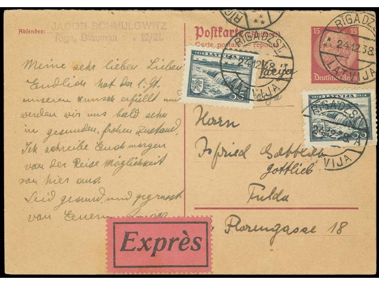 1933, Antwort-Karte Hindenburg 15 Pfg. mit Zufrankatur Litauen Freimarken 35 S. (2) als Eilbotenkarte von "RIGADZST 24.12.38"