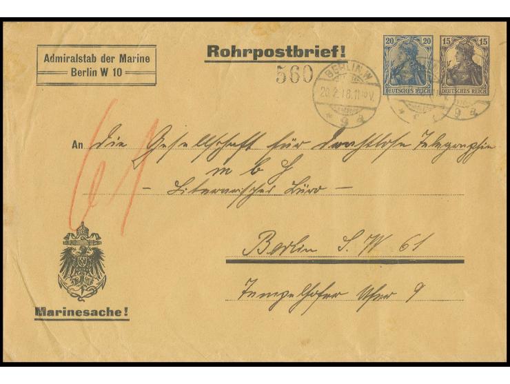 DIENST: 1917, Rohrpost-Umschlag der Marine Germania 20+15 Pfg. von "BERLIN W 9/ 20.2.18 11.10" nach Berlin SW 61 mit Ankunfts