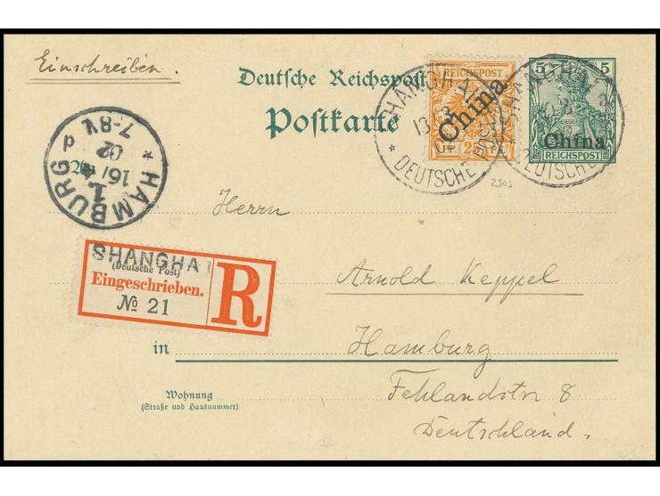 25 Pfg. als Zufrankatur auf Ganzsachenkarte Germania 5 Pfg. als R-Karte von "SHANGHAI 13/3 02" nach Hamburg mit Ankunftsstemp