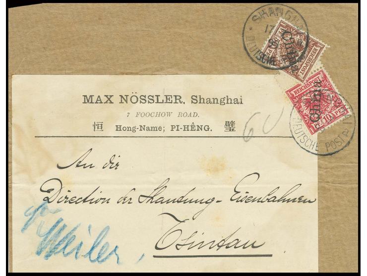 Steilaufdruck 50 und 10 Pfg. mit Stempel "SHANGHAI 17.7.99" auf Drucksachen-Adressenträgerteil bis 2000 gr. nach Tsintau, etw