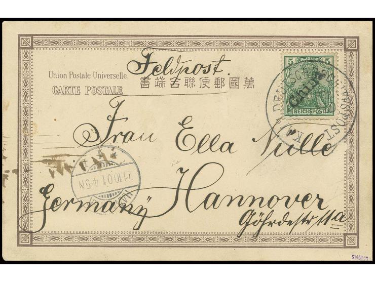 5 Pfg. mit Stempel "KAIS. DEUTSCHE SCHIFFSPOST / DAMPFER CREFELD" auf Karte nach Hannover mit Ankunftsstempel vom 21.10.01; g