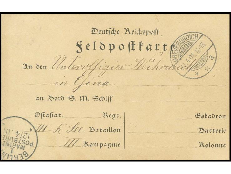 FELDPOST: 1901, Feldpost-Vordruckkarte von "GREVENBROICH 11.4.01" mit nicht ganz aufgesetztem Durchgangsstempel "BERLIN 12/4 