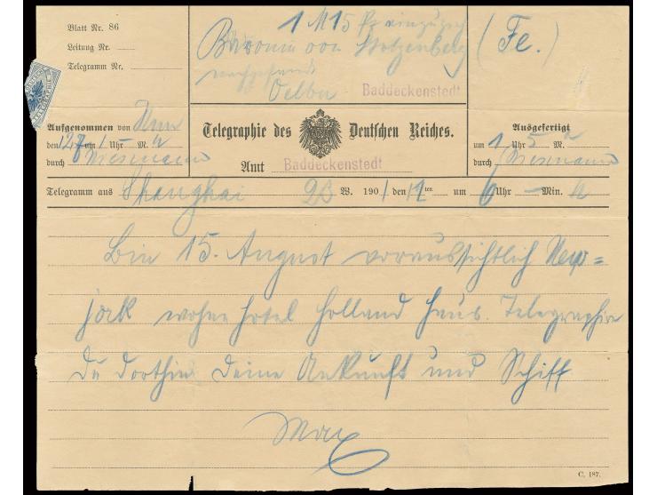 DIVERSES: 1901, Vordruck-Telegramm aus Baddeckenstedt für ein nachgesandtes Telegramm aus Shanghai mit handschriftlichem Verm