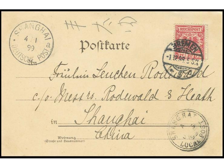 Eingehende Post: 1898, D.R. Krone/Adler 10 Pfg., gestempelt "BREMEN 1.12.98" auf Ansichtskarte nach China mti deutschem Ankun