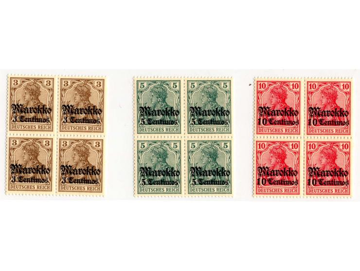 1911, "KK": 3 C.-1,25 P. in postfrischen 4er-Blocks, dabei 35 C. auf orangeweiß, diese sign. Jäschke-L. BPP