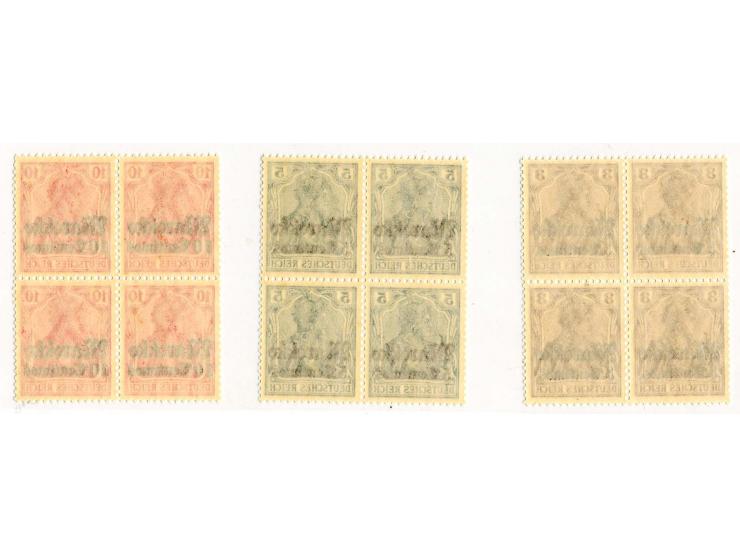1911, "KK": 3 C.-1,25 P. in postfrischen 4er-Blocks, dabei 35 C. auf orangeweiß, diese sign. Jäschke-L. BPP