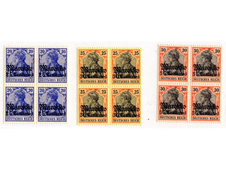 1911, "KK": 3 C.-1,25 P. in postfrischen 4er-Blocks, dabei 35 C. auf orangeweiß, diese sign. Jäschke-L. BPP
