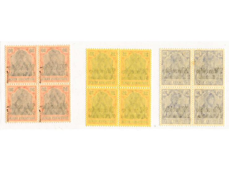 1911, "KK": 3 C.-1,25 P. in postfrischen 4er-Blocks, dabei 35 C. auf orangeweiß, diese sign. Jäschke-L. BPP