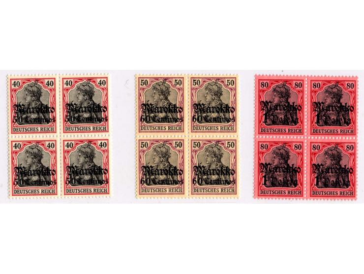 1911, "KK": 3 C.-1,25 P. in postfrischen 4er-Blocks, dabei 35 C. auf orangeweiß, diese sign. Jäschke-L. BPP