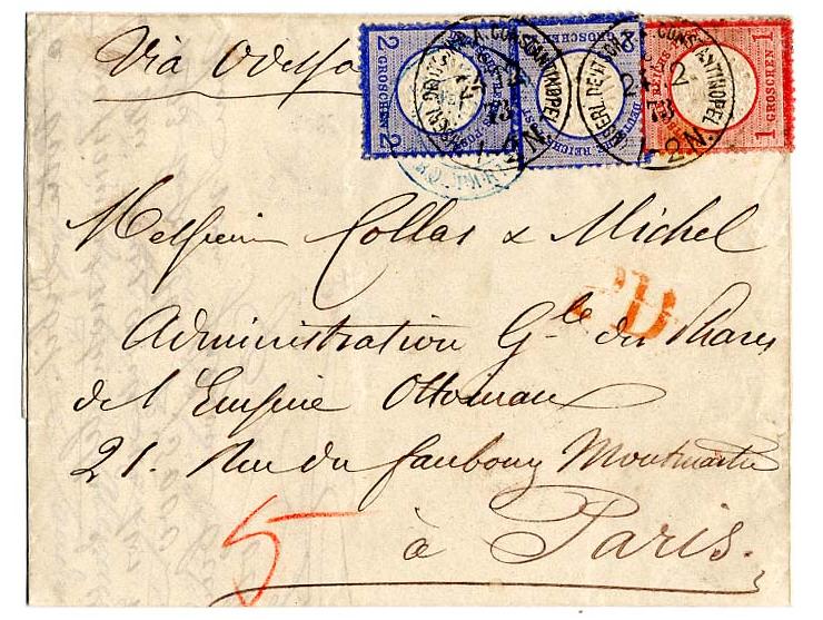 Vorläufer: 1 Gr. und zwei Einzelwerte 2 Gr. mit Stempel "KAISERL. DEUTSCH. P.A. CONSTANTINOPEL 24 12 73" auf Faltbrief via Od