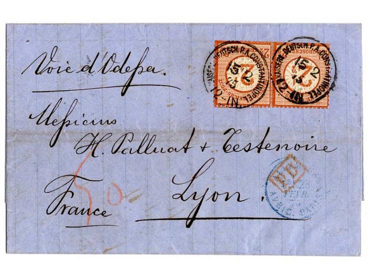 Vorläufer: 1 Gr. und zwei Einzelwerte 2 Gr. mit Stempel "KAISERL. DEUTSCH. P.A. CONSTANTINOPEL 24 12 73" auf Faltbrief via Od
