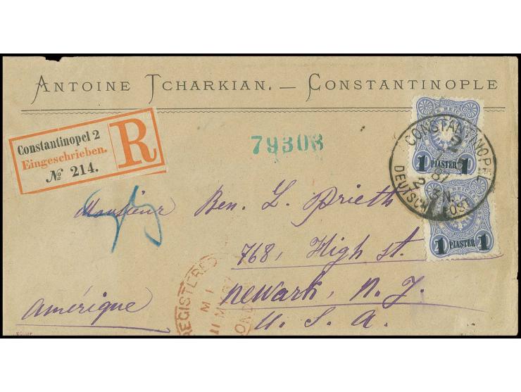 1884, 1 Pia. auf 20 Pfg., Aufdruck blauschwarz, 2 Einzelwerte mit Stempel "CONSTANTINOPEL 2 7 5 87" auf Bedarfs-R-Brief nach 