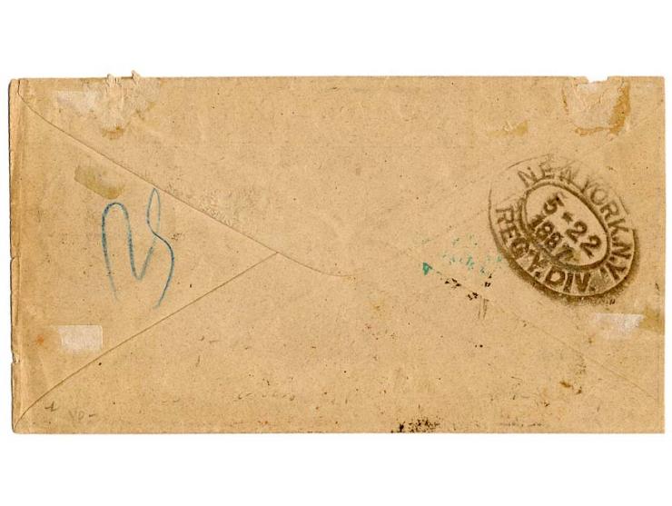 1884, 1 Pia. auf 20 Pfg., Aufdruck blauschwarz, 2 Einzelwerte mit Stempel "CONSTANTINOPEL 2 7 5 87" auf Bedarfs-R-Brief nach 