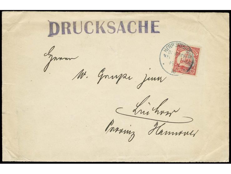 10 Pfg. mit Stempel "HERBERTSHÖHE 15.1.10" auf Drucksachenumschlag nach Deutschland, Randspuren und rückseitig mit Beschriftu