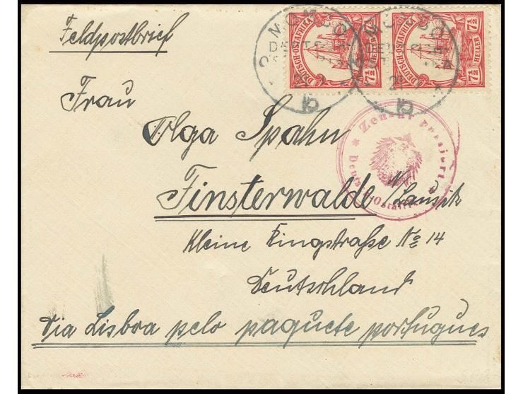 KRIEGSPOST: 7½ H., senkrechtes Paar, gestempelt "MOMBO 21.9.15" (Aushilsjahreszahl) auf Feldpost-Brief mit deutsch-ostafrikan