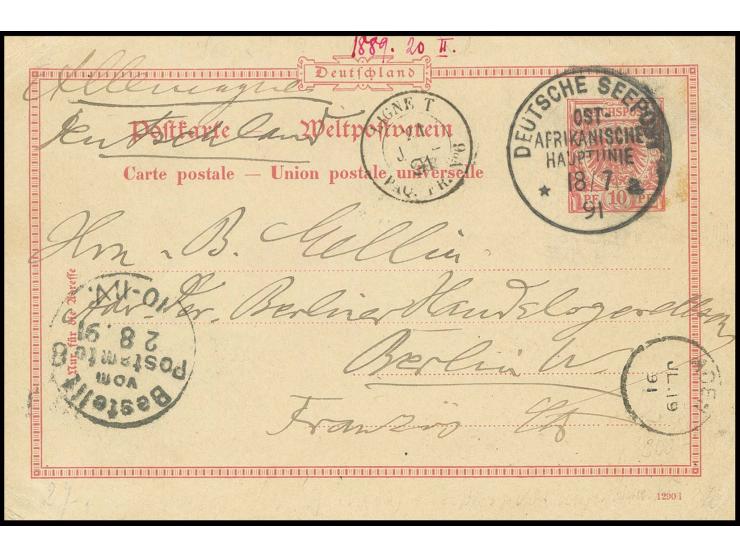 GANZSACHEN: 1891, D.R. Ganzsachenkarte Krone/Adler 10 Pfg. gestempelt "DEUTSCHE SEEPOST OSTAFRIKANISCHE HAUPTLINIE a/18.7.91"