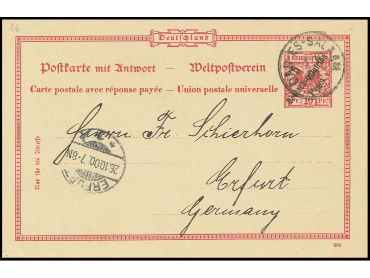 Doppelkarte 5 Pesa auf 10 Pfg. von "DAR-ES-SALAAM" nach Erfurt mit Ankunftsstempel, ohne Text, Antwortkarte ungebraucht