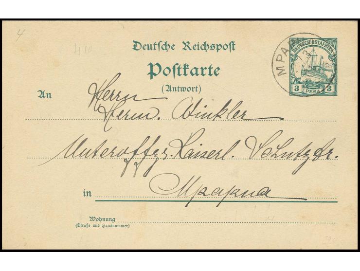 1900, Antwortkarte 3 Pesa, gestempelt "MPAPUA 25.3.01", geschrieben in Kondo-Irangi 20.3.01 (Vorläufer) nach Mpapua, selten (